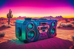 Vintage radio boombox in the desert, retrowave, synthwave. Neural network AI generated photo