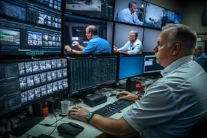 Security Control Room with Multipoke Computer Screens Showing Surveillance Camera Footage Feed. High-Tech Security. Neural network AI generated photo