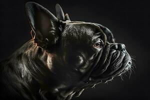 Portrait of dog french bulldog on black background. Neural network AI generated photo