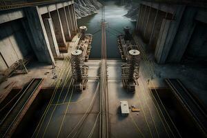 View from height on hydroelectric power station. Neural network AI generated photo