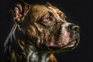 Pitbull dog portrait on black background. Neural network AI generated photo