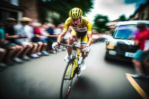 el ciclista paseos en su bicicleta a puesta de sol. dramático antecedentes. neural red ai generado foto