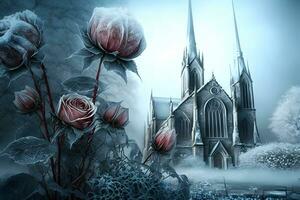 Winter gothic castle with roses. Neural network AI generated photo