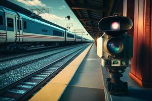 cctv cámara operando en tren estación plataforma. neural red ai generado foto