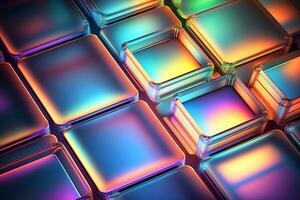 Abstract background with neon holographic square elements. Neural network AI generated photo
