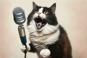 gato artista canta dentro un micrófono. neural red ai generado foto