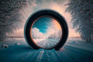 Winter tire on ice. Neural network AI generated photo