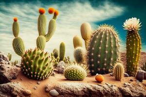 Desierto cactus cactus florecer y saguaros. neural red ai generado foto