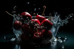 Cherries in a splash of water on a black background. Neural network AI generated photo