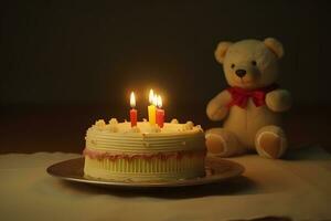 Teddy bear wearing birthday hat and a birthday cake. Neural network AI generated photo