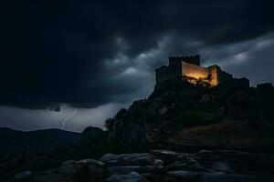 paisaje con antiguo castillo a noche. neural red generado Arte foto