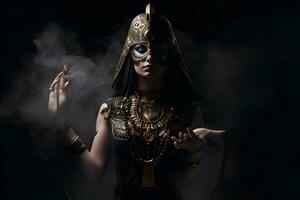 egipcio diosa en negro antecedentes. neural red ai generado foto