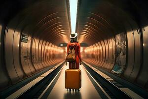 Girl with luggage in the airport terminal. Neural network AI generated photo