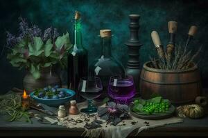 Witchcraft magical still life with alchemical bottles. Neural network AI generated photo