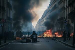 protesta en el ciudad y fuego, huelga. neural red ai generado foto