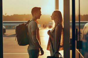 familia Pareja con equipaje a el aeropuerto. neural red ai generado foto