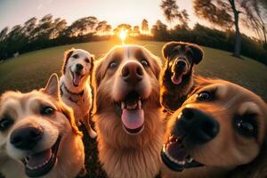 linda beagle mirando a el cámara mientras tomando un selfie con otro beagle y un doguillo. neural red ai generado foto