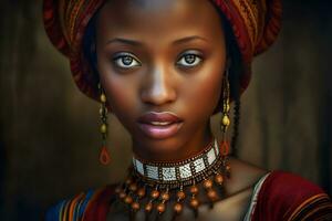 hermosa africano mujer en étnico vestido. neural red ai generado foto