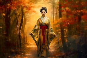 hermosa asiático mujer en amarillo kimono en otoño bosque. neural red ai generado foto