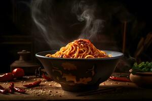 Black bowl with chinese noodles Jiangsu cuisine. Neural network AI generated photo