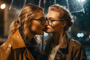 Romantic Young Adult Lesbian Female Couple Kiss Neural network AI generated photo