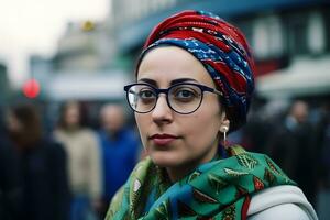 cerca arriba retrato de joven mujer en turbante. neural red ai generado foto