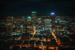 moderno ciudad a noche. neural red ai generado foto