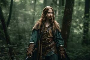 medieval guerrero niña en el bosque. neural red ai generado foto