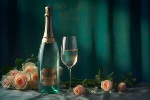 Champagne and roses elegant background. Neural network AI generated photo