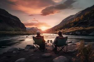 Couple on vacation in the mountains admiring the sunset. Neural network AI generated photo