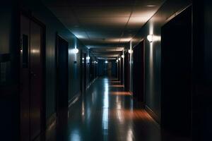 Dark corridor or hallway with many doors, vintage toned. Neural network AI generated photo