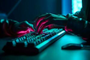 Hacker uses keyboard, shakes buttons with fingers to crack password. Internet security concept, cyber attack. Neon blue color. Neural network AI generated photo
