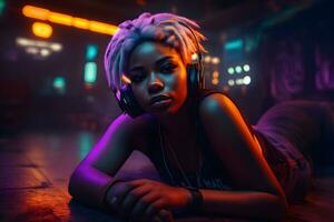 Young woman with mohawk in headphones, cyberpunk style. Neural network AI generated photo