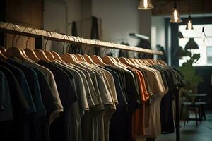 T-shirts in the store hang in a row. Neural network AI generated photo