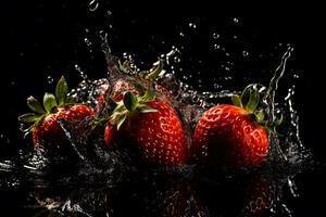 Strawberries and splashes of water on a black background. Neural network AI generated photo