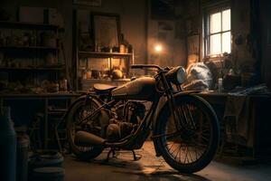 Old vintage motorcycle in the garage. Neural network AI generated photo