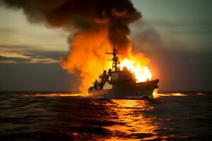 War concept. Night battle scene at sea. warship on fire. Neural network AI generated photo