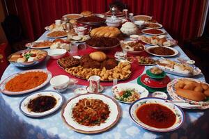 Table with Turkish national dishes. Neural network AI generated photo