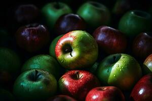 un montón de verde y rojo manzanas antecedentes. neural red ai generado foto