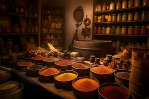 Shop of different spices. Neural network AI generated photo