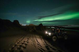 buggy car and northern lights beach. Neural network AI generated photo