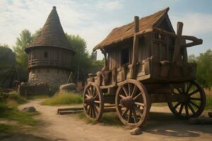 antiguo tradicional medieval europeo de madera carro en el la carretera. neural red ai generado foto