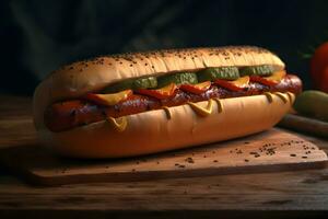 Big hotdog with sausage tomatoes, mustard and salad isolated on black background. Top view. Neural network AI generated photo