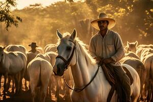 retrato mayor hombre en vaquero sombrero lado de caballo montando en montaña camino. neural red ai generado foto