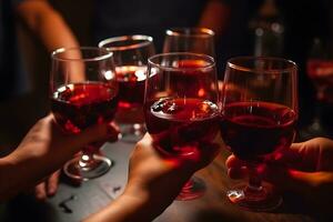 grupo de amigos disfrutando alcohol bebidas joven personas manos aplausos a bar restaurante. neural red ai generado foto