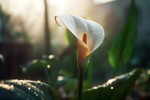 Calla lily flowers in botanical garden. Neural network AI generated photo