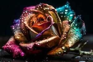 Rainbow rose with dew drops. Neural network AI generated photo