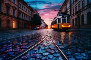 Retro tram in european city. Neural network AI generated photo