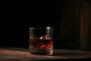 close up of a shot of whiskey on a bar top. Neural network AI generated photo