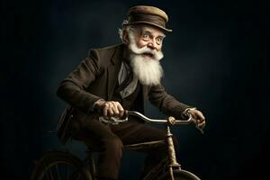 Funny cheerful grandfather on a bike. Neural network AI generated photo